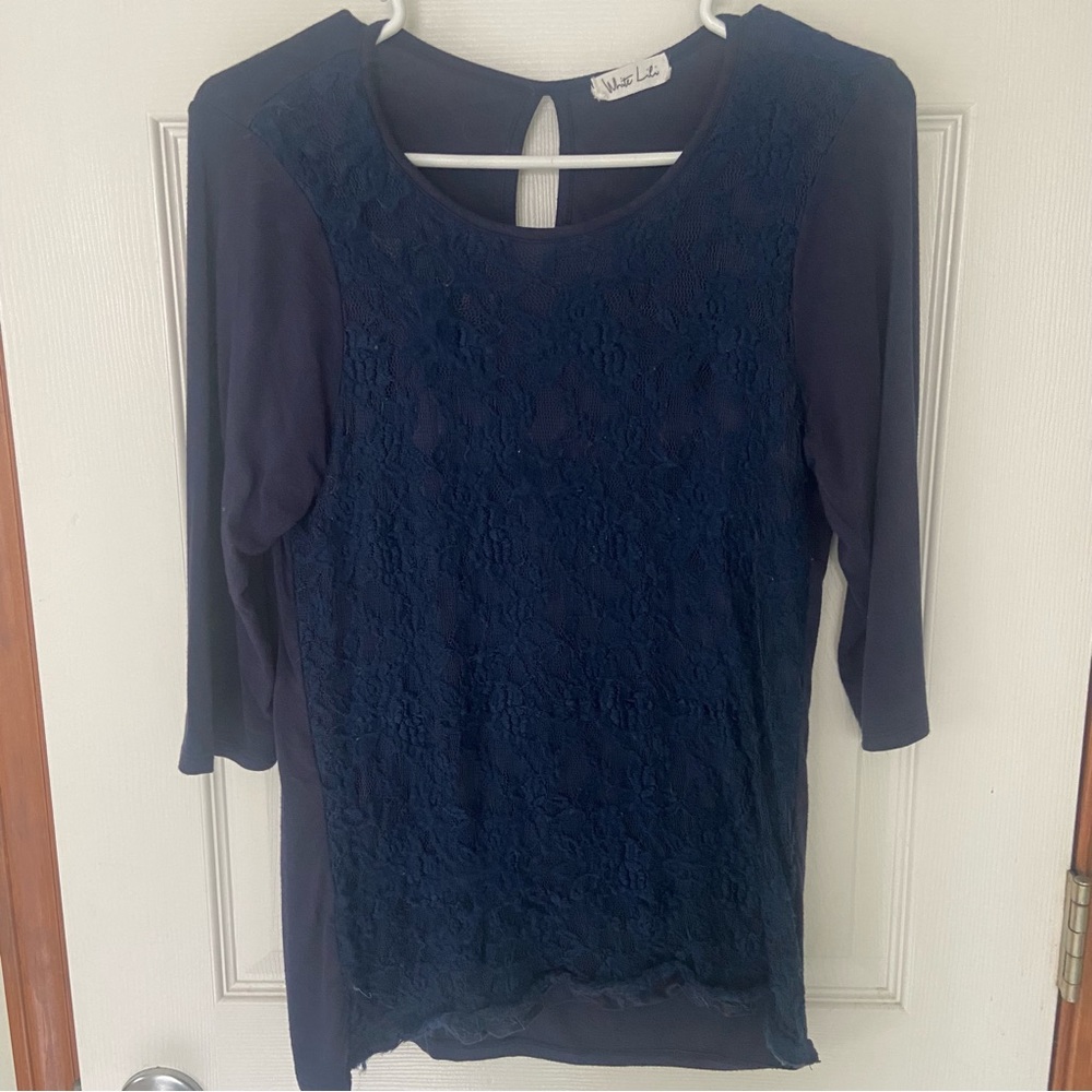White Lili navy blue lace design 3/4 sleeve blouse GUC size M